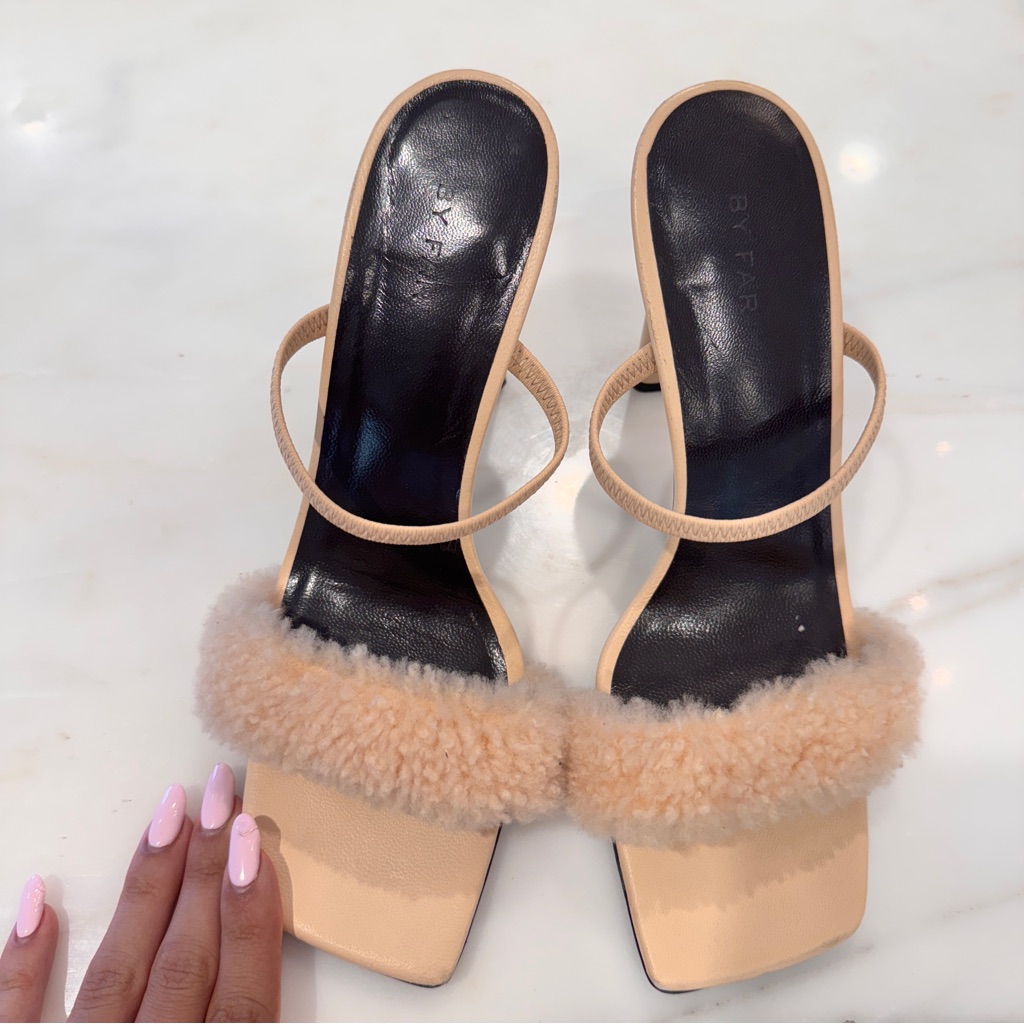 By Far Cream Fur Strap Heels